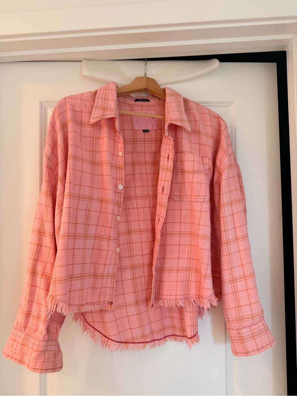 R13 Cropped Pink Plaid Shacket | Shredded Frayed Hem Drop Neck | Button-Up Shirt